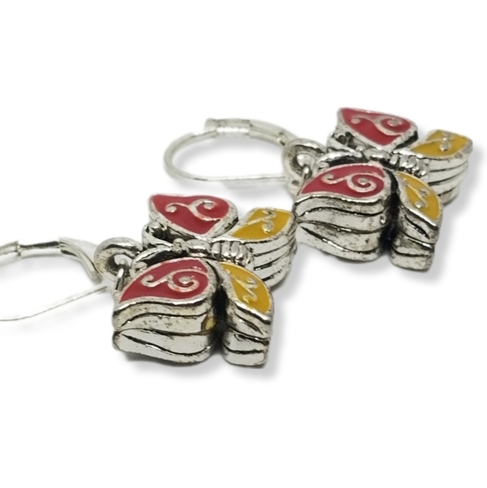 Vintage Enamel Butterfly Dangle Earrings - Silver Tone Red & Yellow - Picture 6 of 6